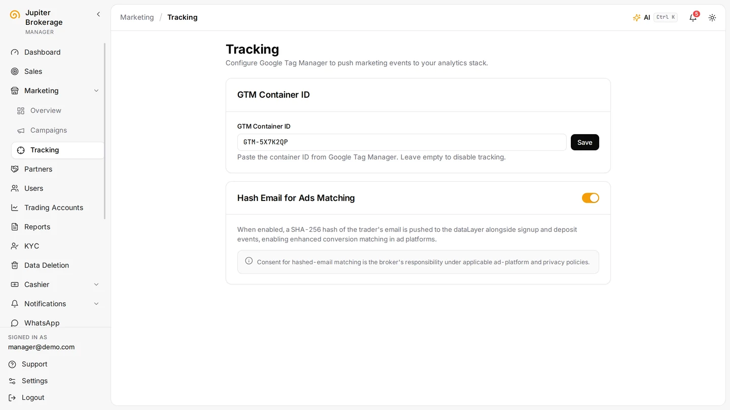 Callisto screen: tracking settings (sample data)