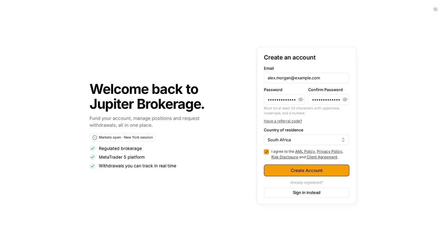 Callisto screen: signup (sample data)