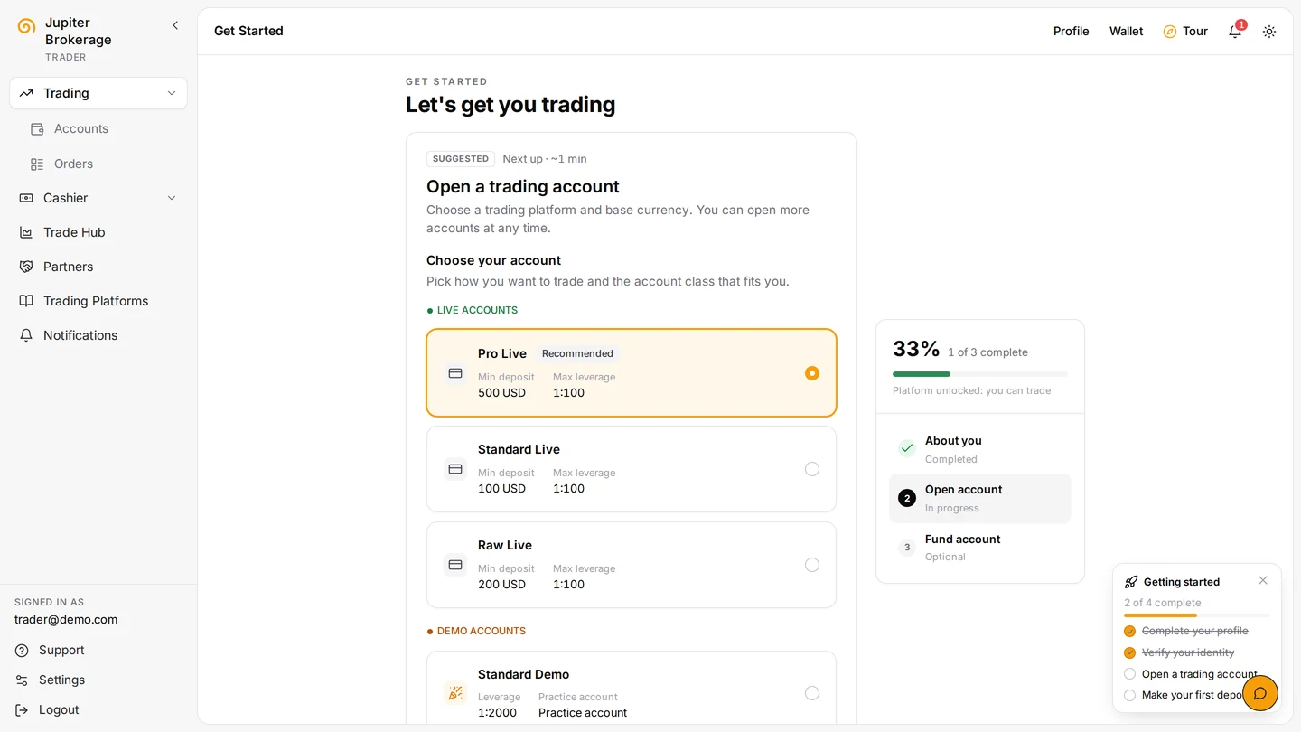 Callisto screen: open account (sample data)