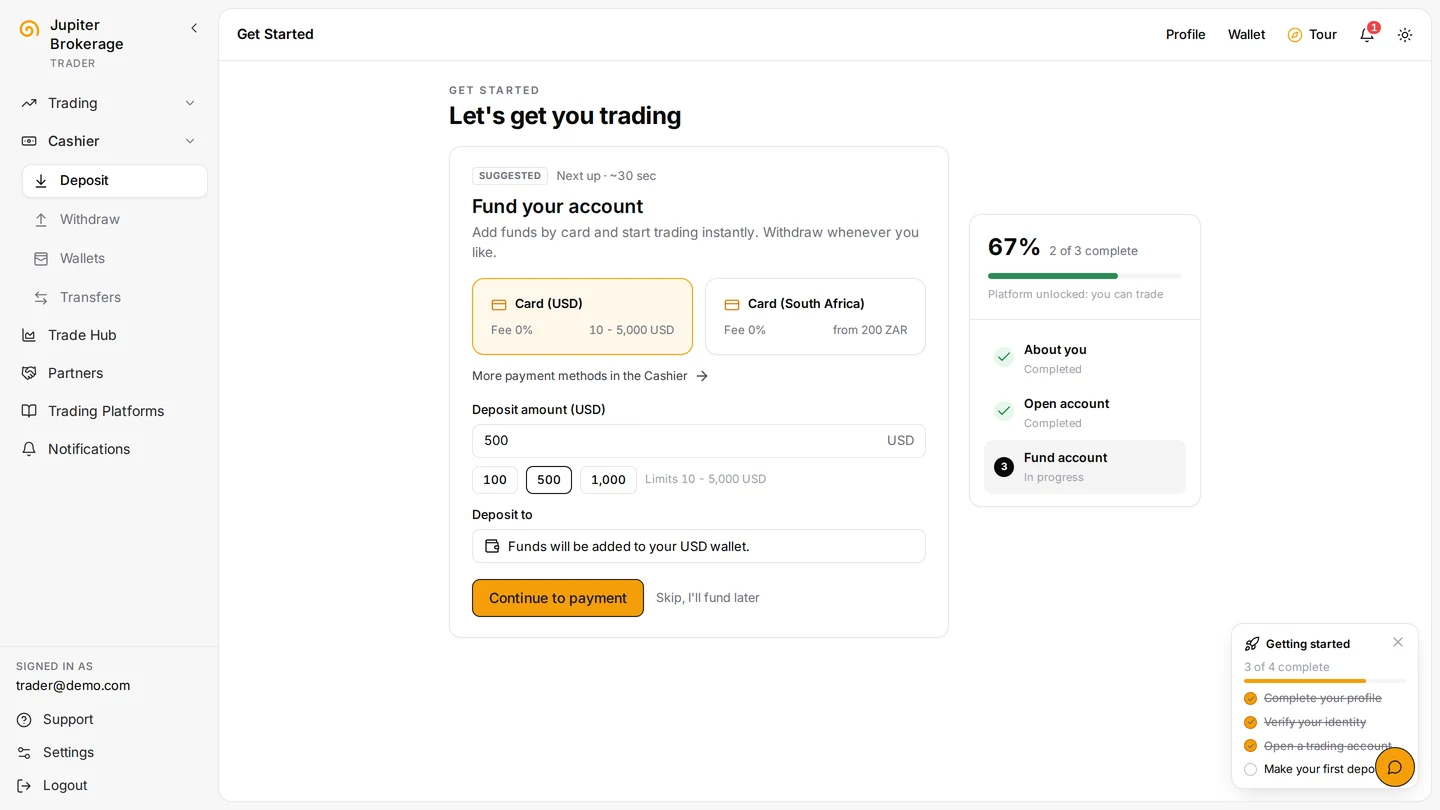 Callisto screen: fund account (sample data)