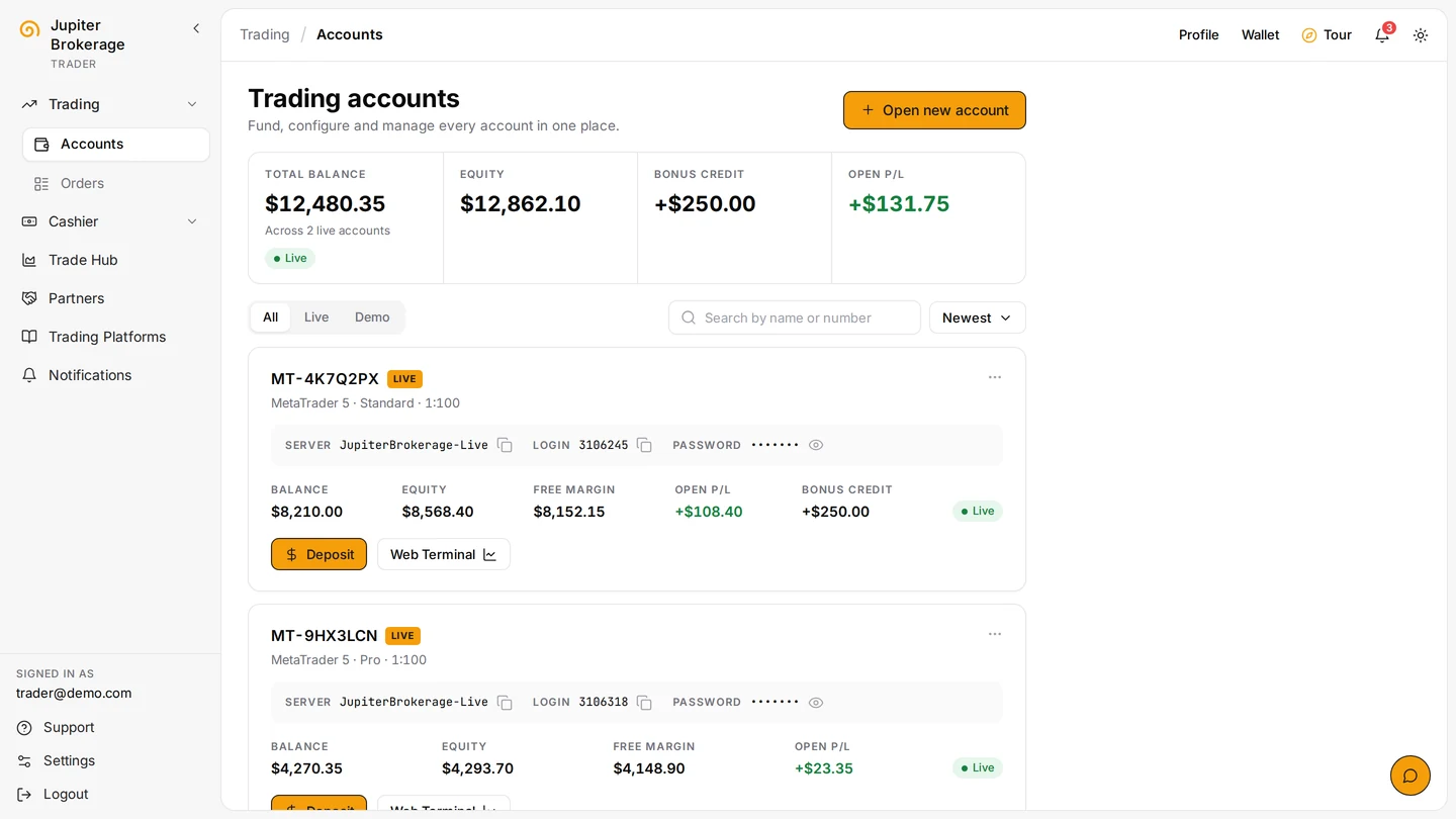 Callisto screen: trading accounts (sample data)
